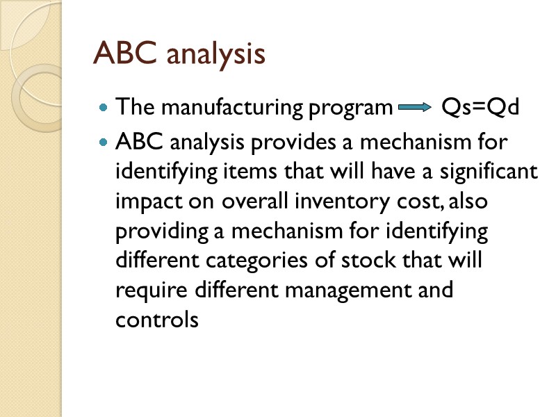 ABC analysis The manufacturing program       Qs=Qd  ABC